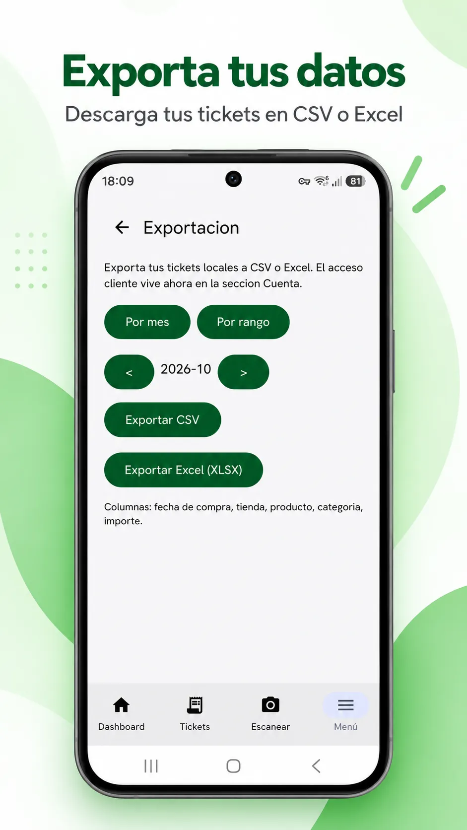 Vista ilustrativa de la pantalla de exportación con opciones CSV y Excel.