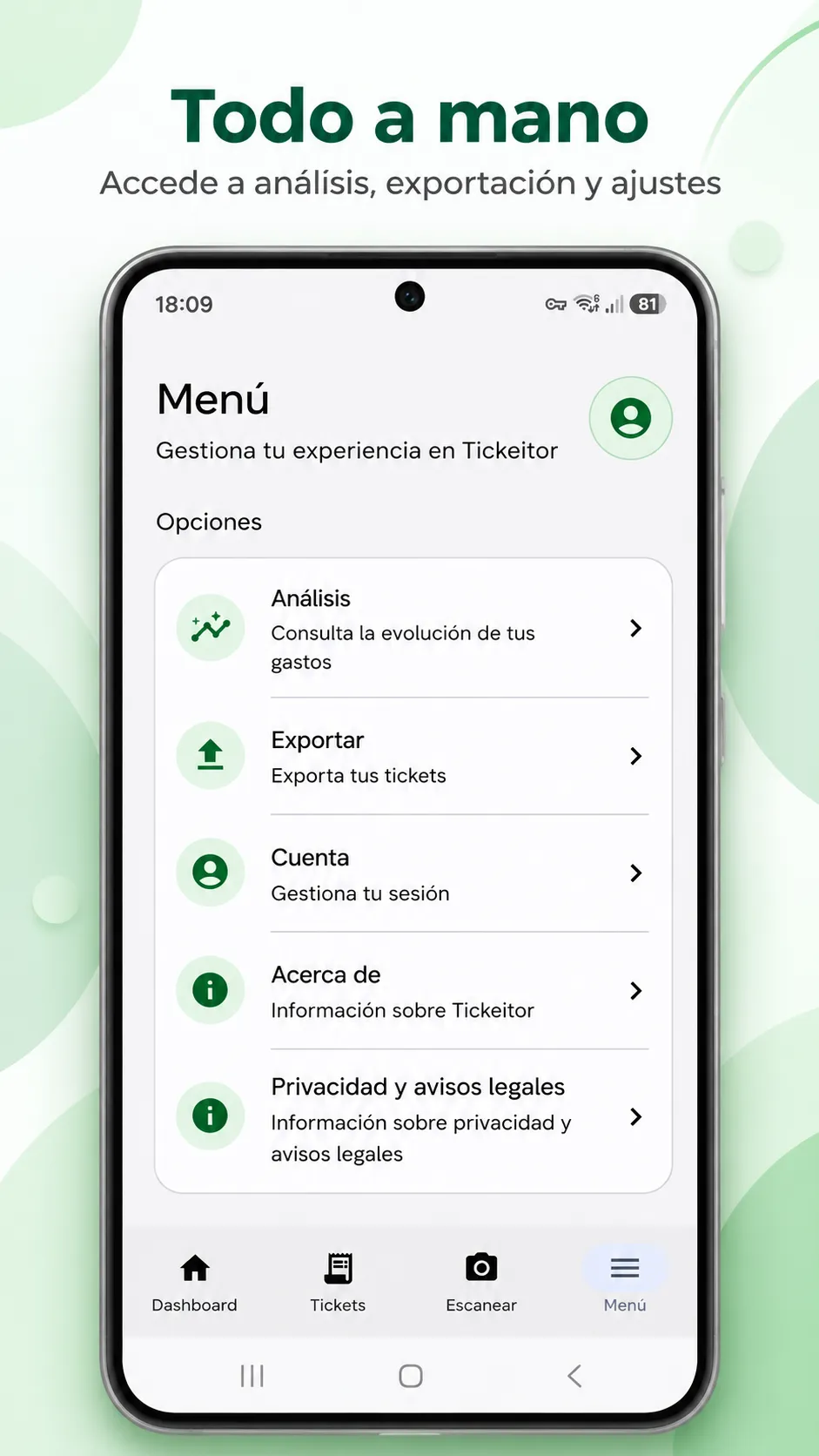 Vista ilustrativa del menú de Tickeitor.