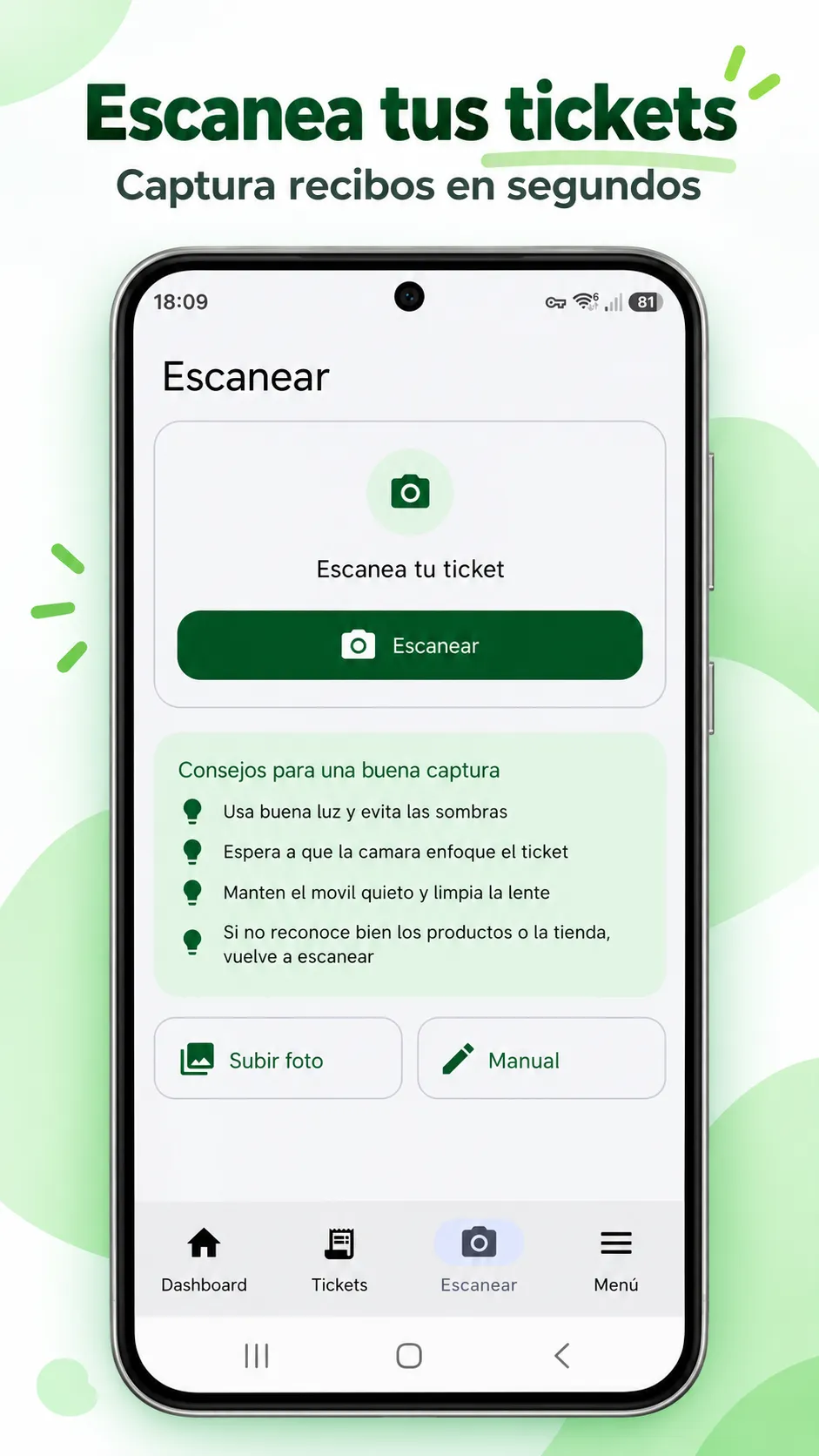 Vista ilustrativa de la pantalla Escanear con las opciones Escanear, Subir foto y Manual.