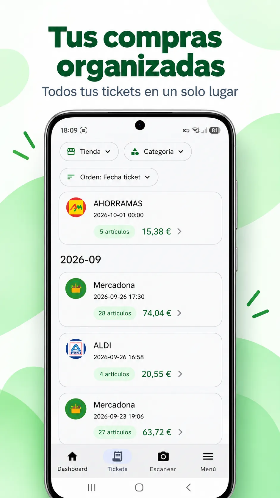 Vista ilustrativa de una lista de tickets agrupados por fecha.
